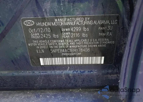 2011 Hyundai Sonata Gls from USA, damaged, VIN 5NPEB4AC1BH178408